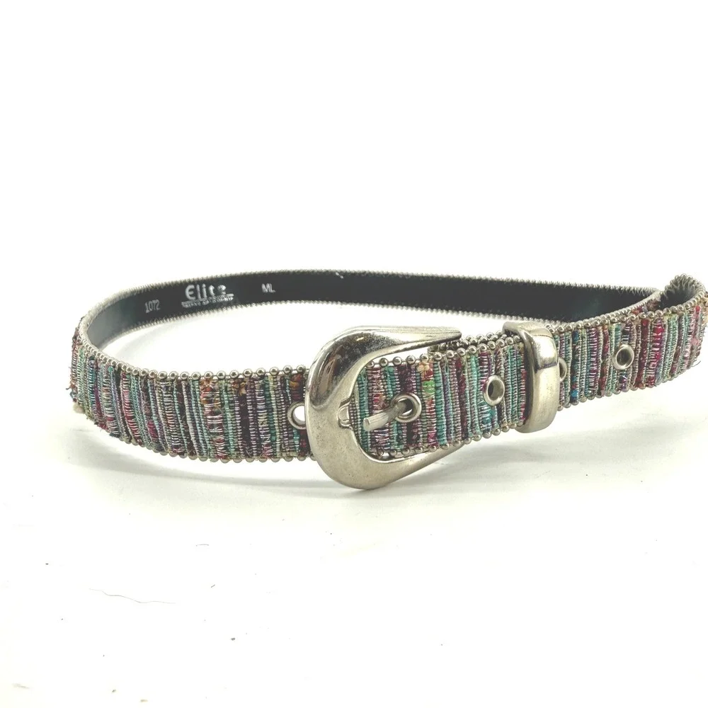 Elite Belt Women ML Multicolor Woven Metallic Beaded Silver Buckle Boho 1072